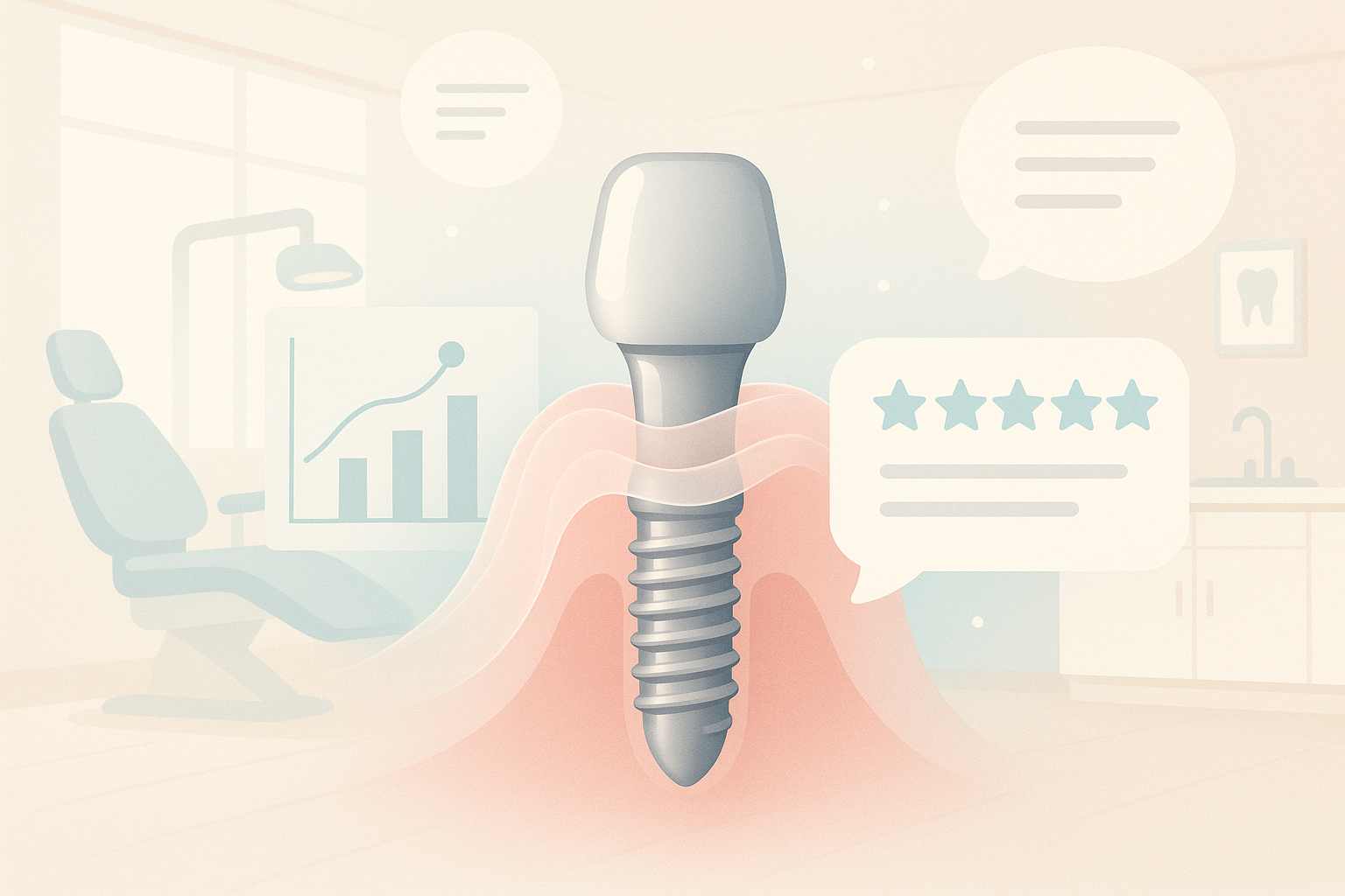 Modern dental treatment room with healing tissue layers, implant, growth charts, and testimonial bubbles.