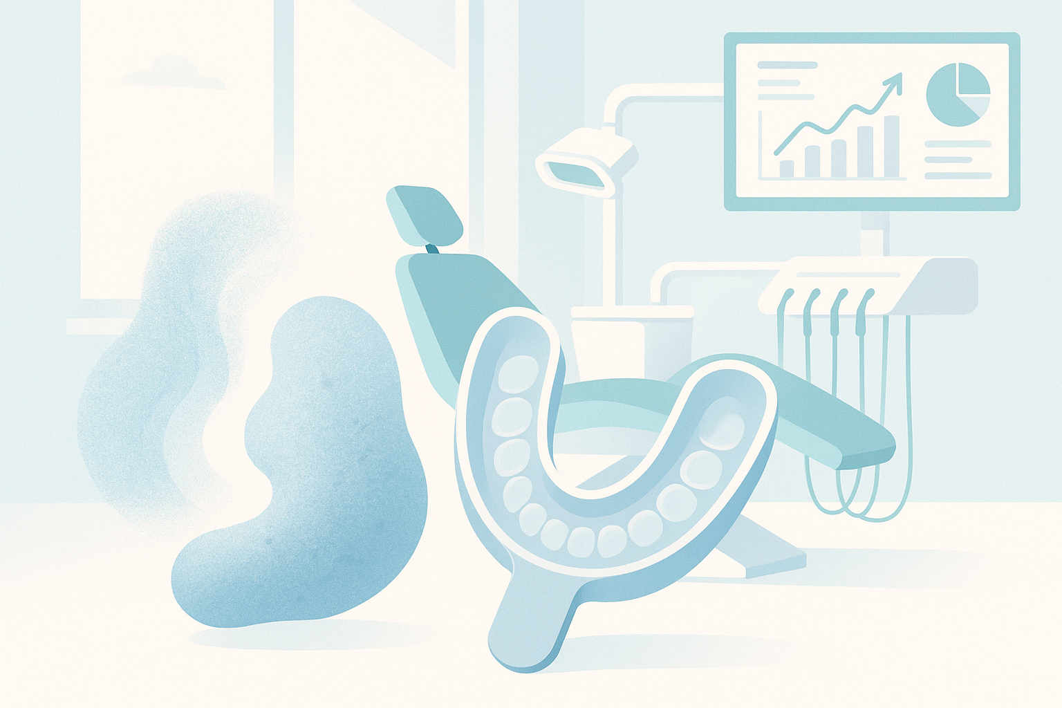 Modern dental treatment room with impression materials, growth charts, and digital dashboard elements.