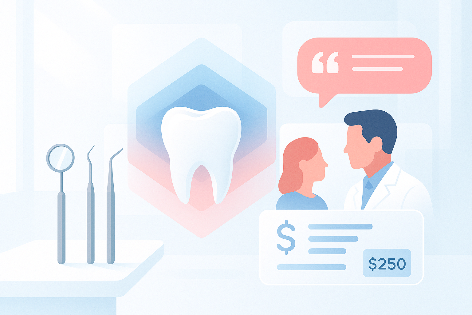 Modern dental treatment room with instruments, charts, testimonial bubbles, and digital dashboard.