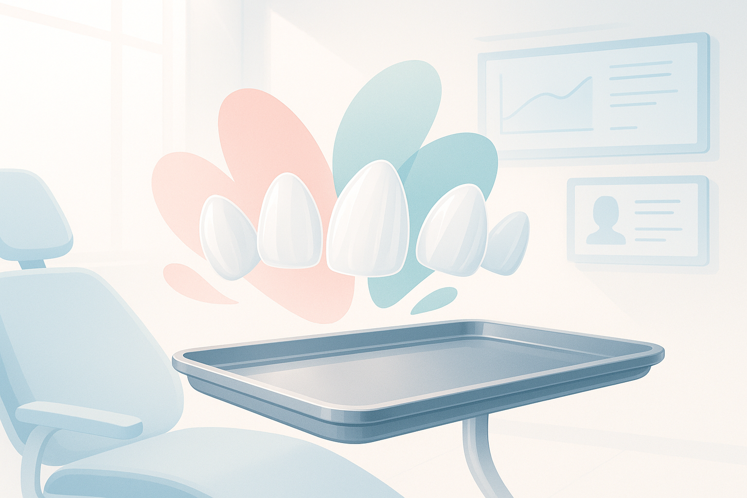 Modern dental treatment room with porcelain shells, digital screens, and calming colors.