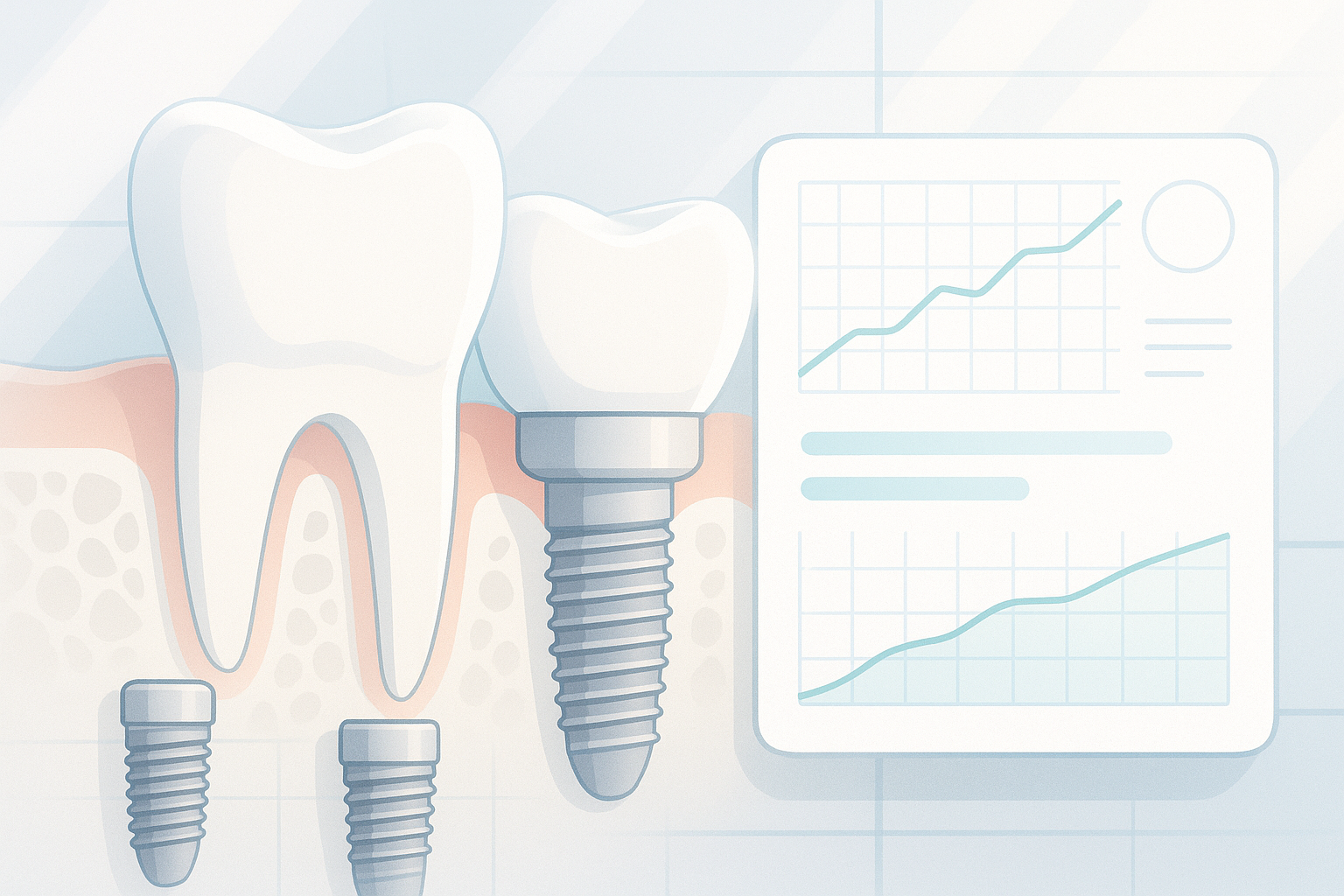 Modern dental treatment room with translucent bone structures, implant shapes, and digital dashboard.