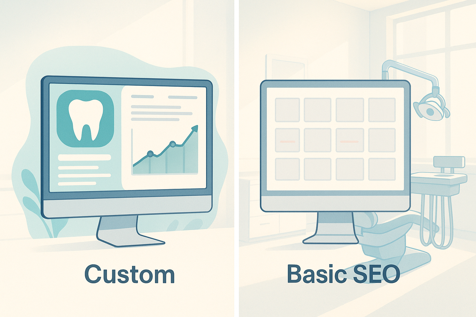 Modern dental workspace showing customized interface and basic SEO grid in clinical setting.