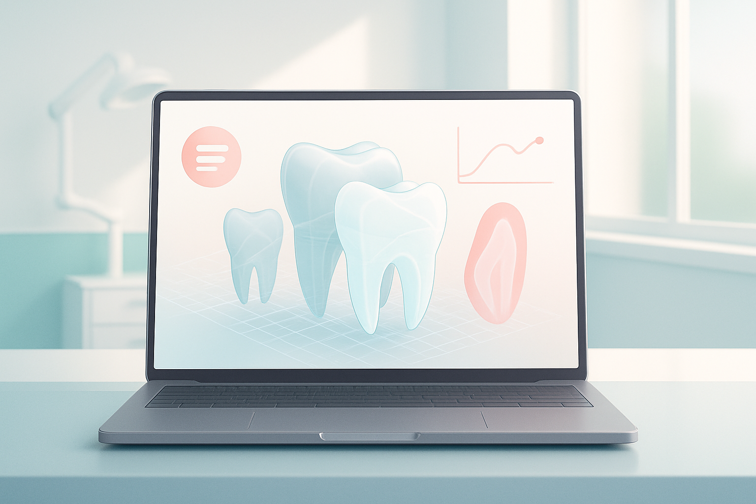 Modern dental workspace with 3D meshes, translucent teeth, and data points in a bright, clinical setting.
