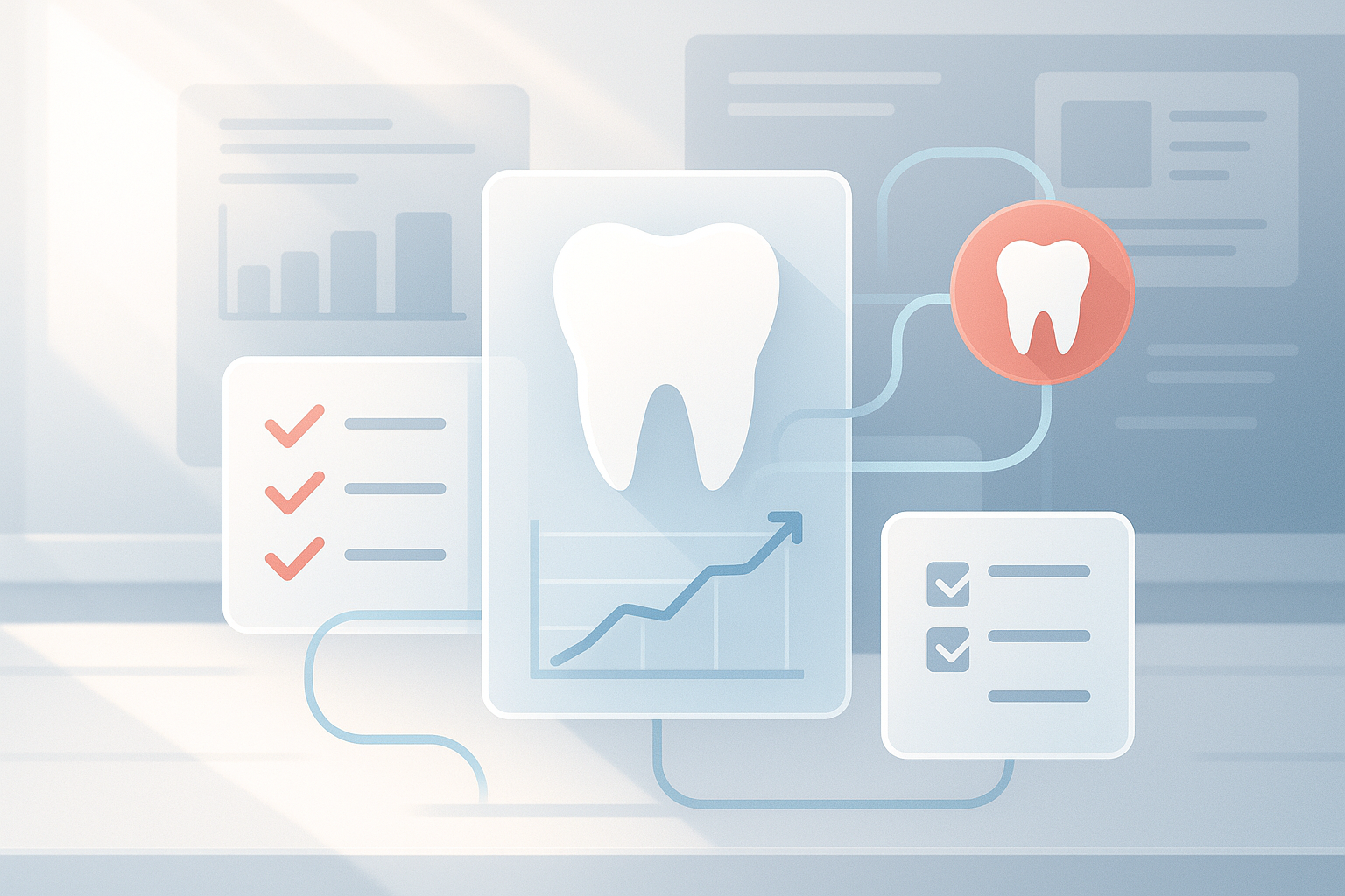Modern dental workspace with abstract charts, icons, and digital dashboards in bright, clean setting.