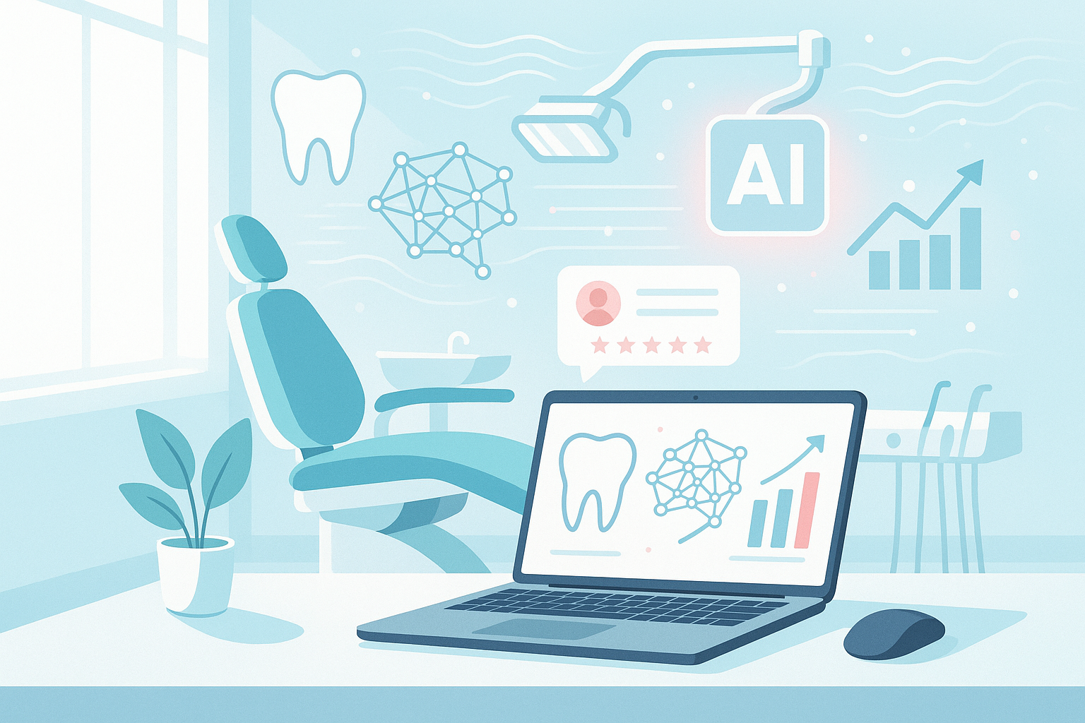 Modern dental workspace with AI icons, data streams, growth charts, and testimonial bubbles in bright, clinical colors.