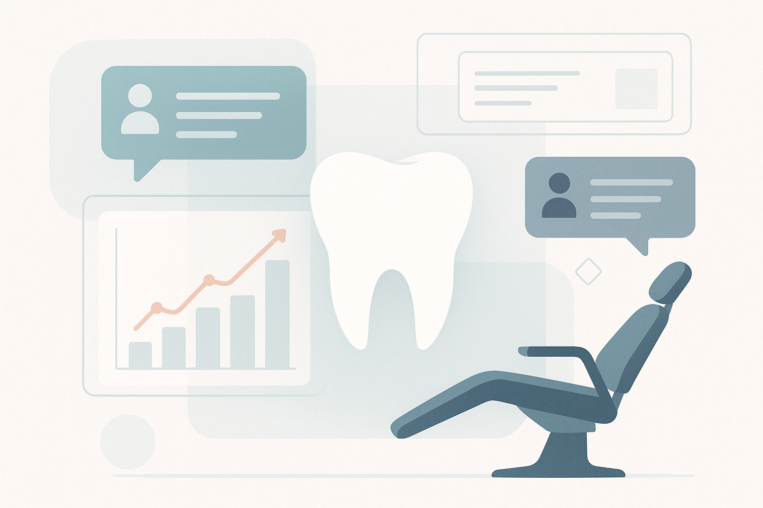 Modern dental workspace with chair, growth charts, testimonial bubbles, and digital interface elements.