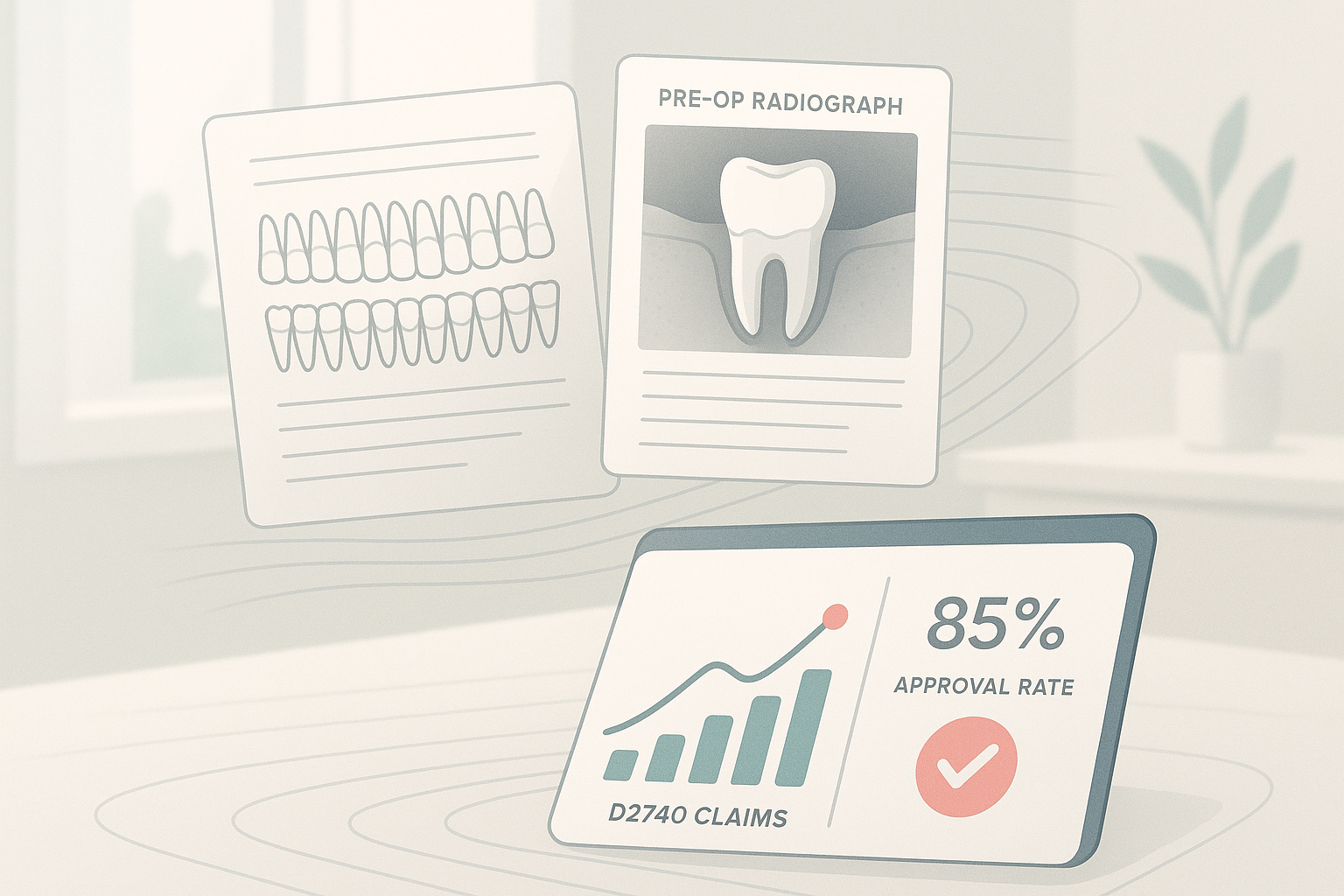 Modern dental workspace with charts, radiographs, and approval graphs in teal and pink accents.