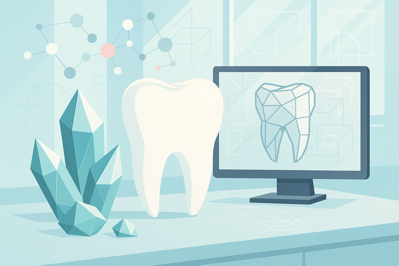 Modern dental workspace with crystalline structures, molecular lattices, and geometric digital design elements.