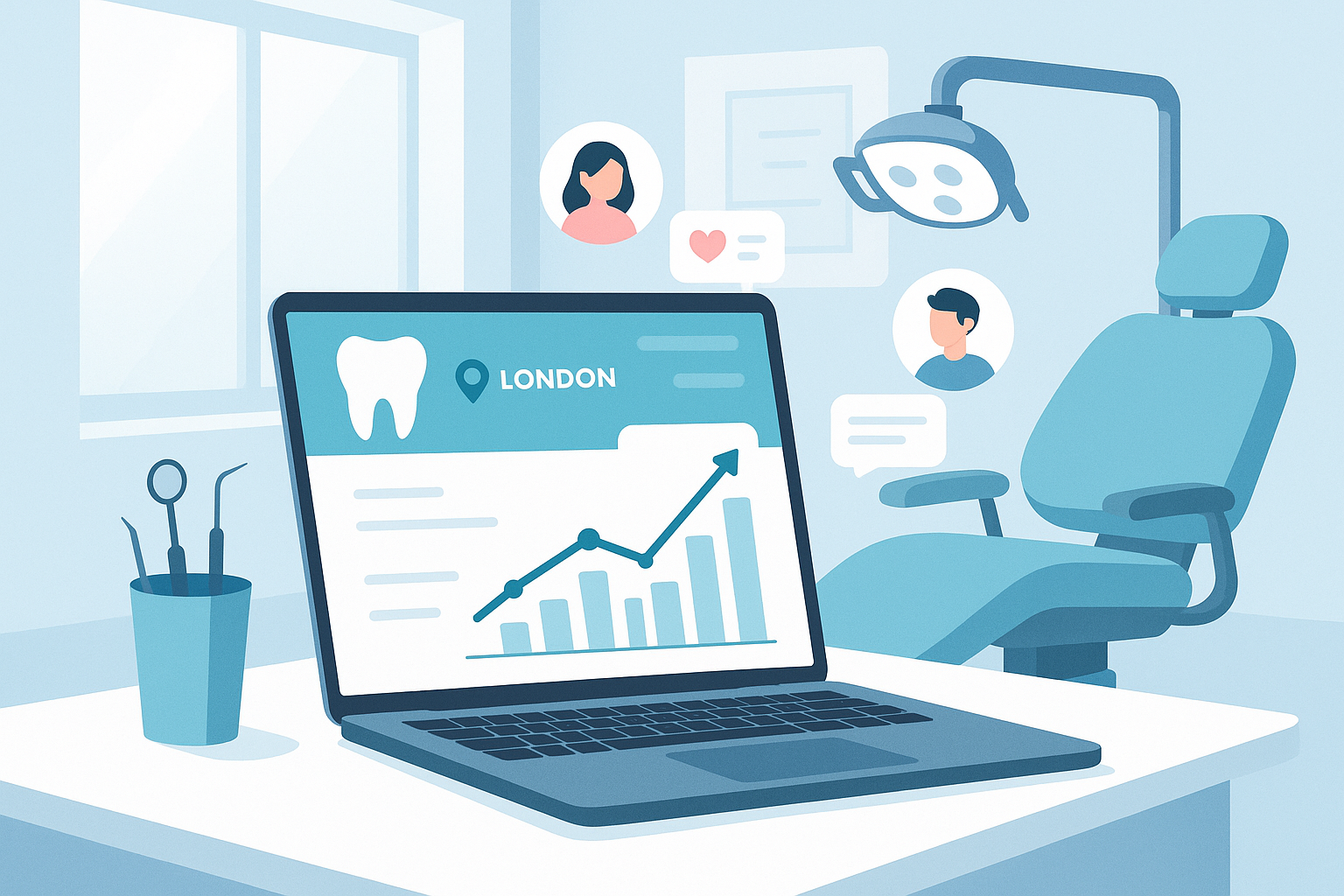 Modern dental workspace with dashboard, growth charts, testimonial bubbles in clinical room.