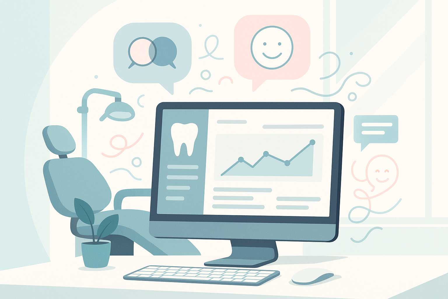 Modern dental workspace with dashboard, testimonial bubbles, speech icons, and abstract care symbols.