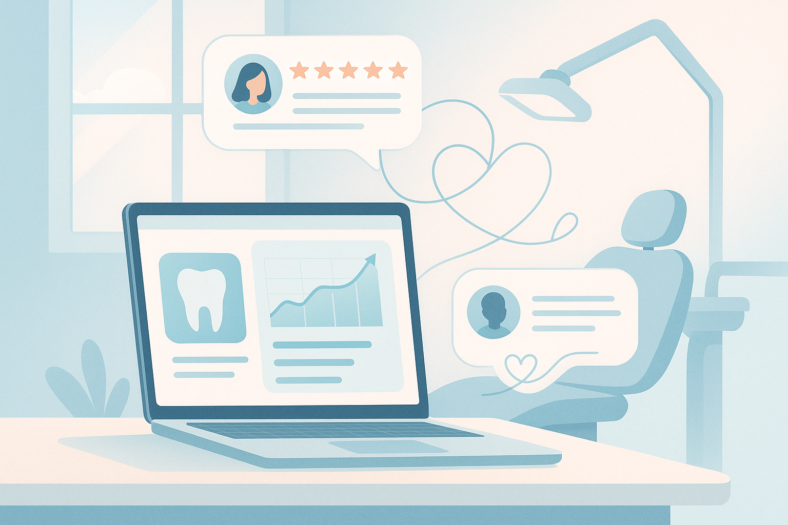 Modern dental workspace with dashboard, testimonial bubbles, abstract heart, and patient notes.