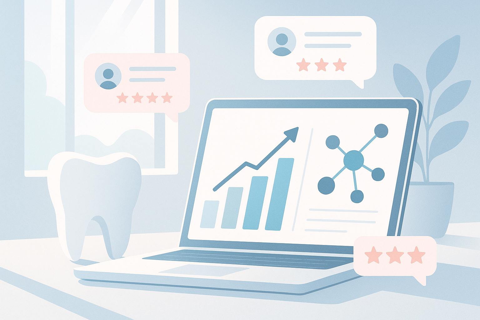 Modern dental workspace with data charts, interconnected nodes, and floating testimonial bubbles in clinical tones.
