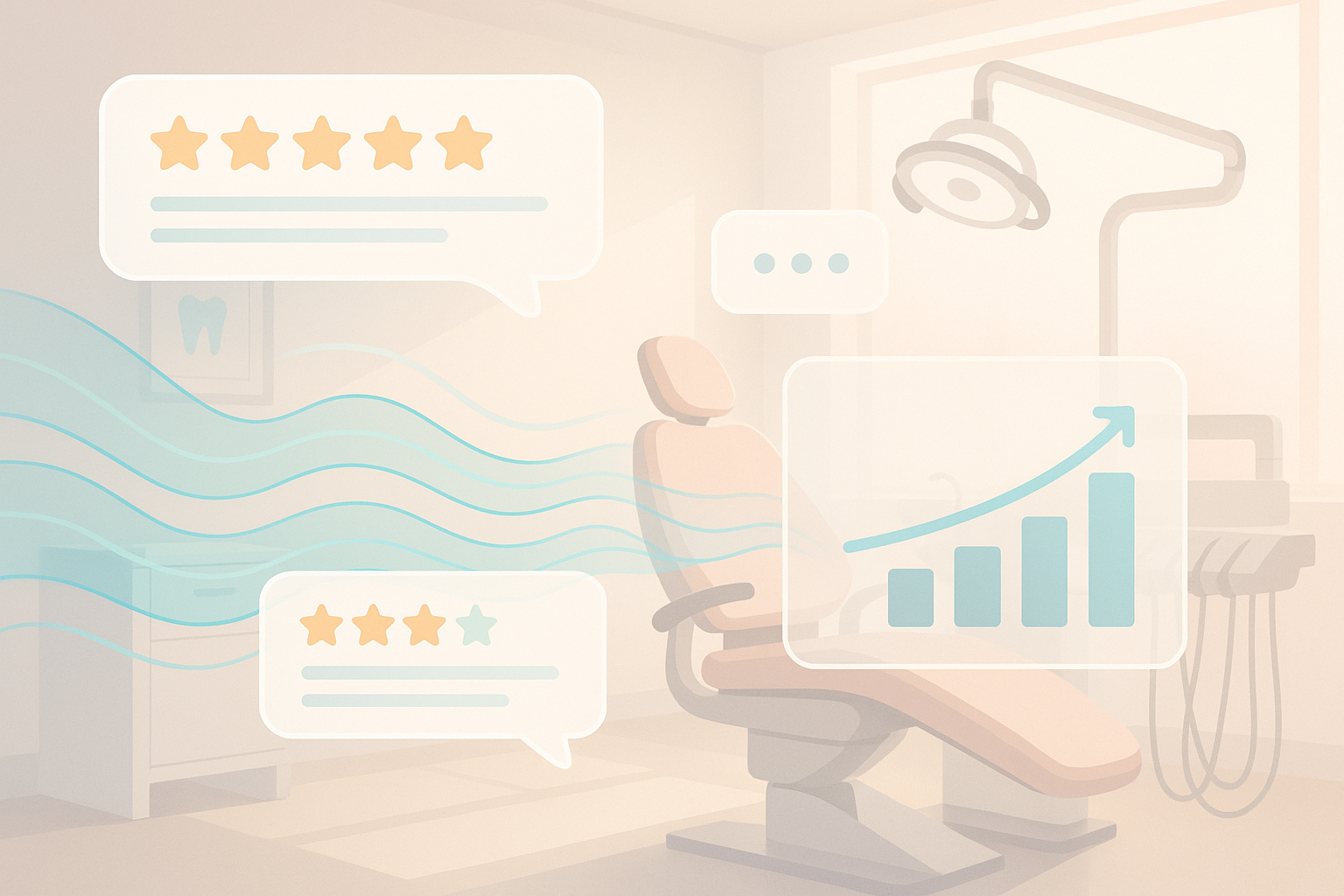 Modern dental workspace with data streams, review bubbles, and growth charts in bright, clean tones.