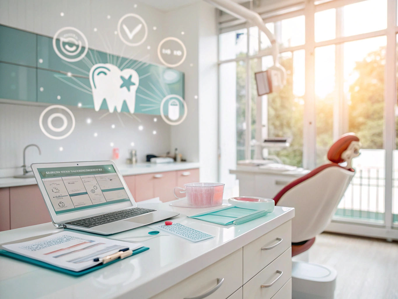 Modern dental workspace with digital dashboard, flow diagrams, and growth charts in bright, clean setting.