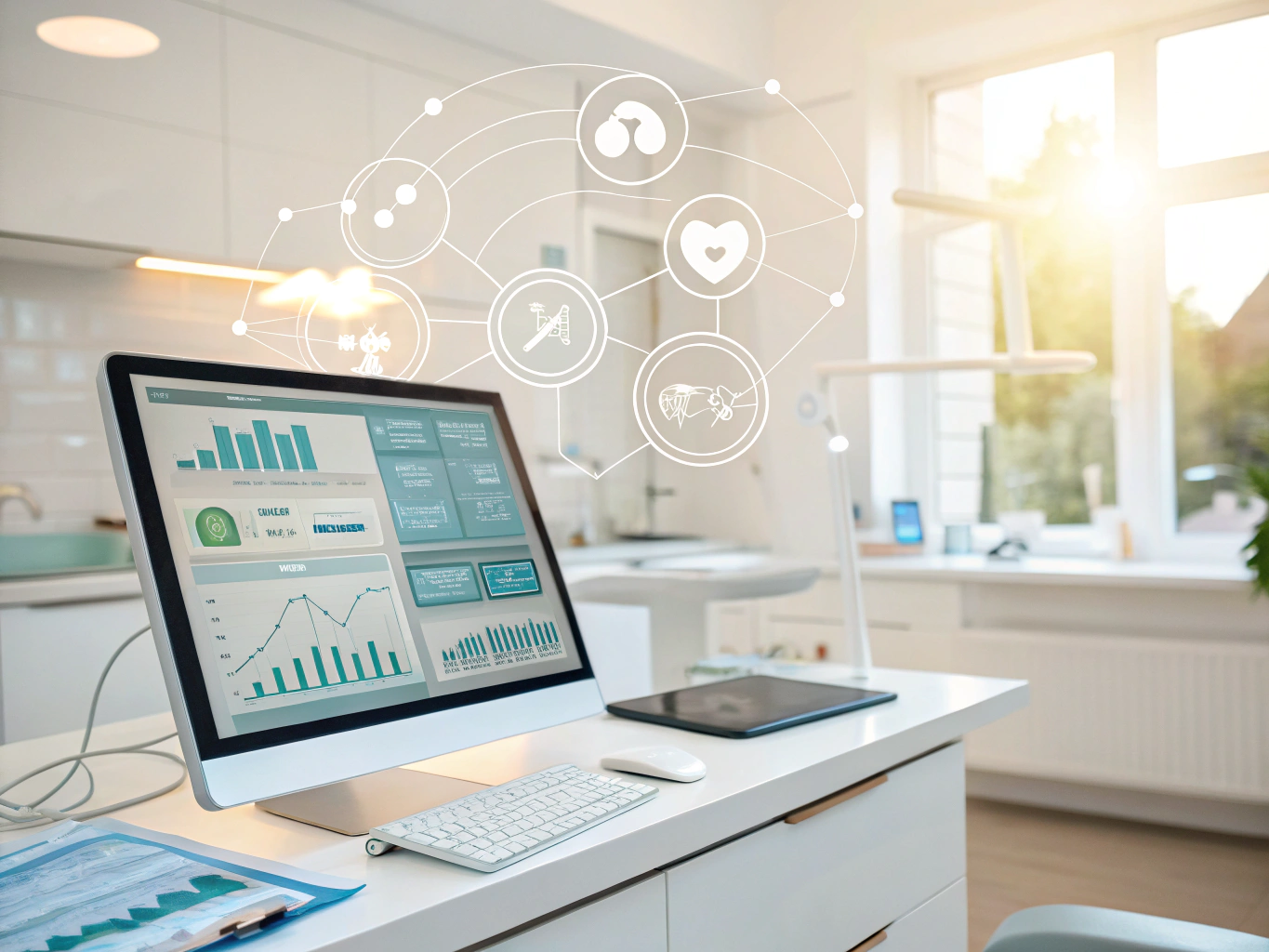 Modern dental workspace with digital dashboard, growth charts, testimonial bubbles, and interconnected decision nodes.
