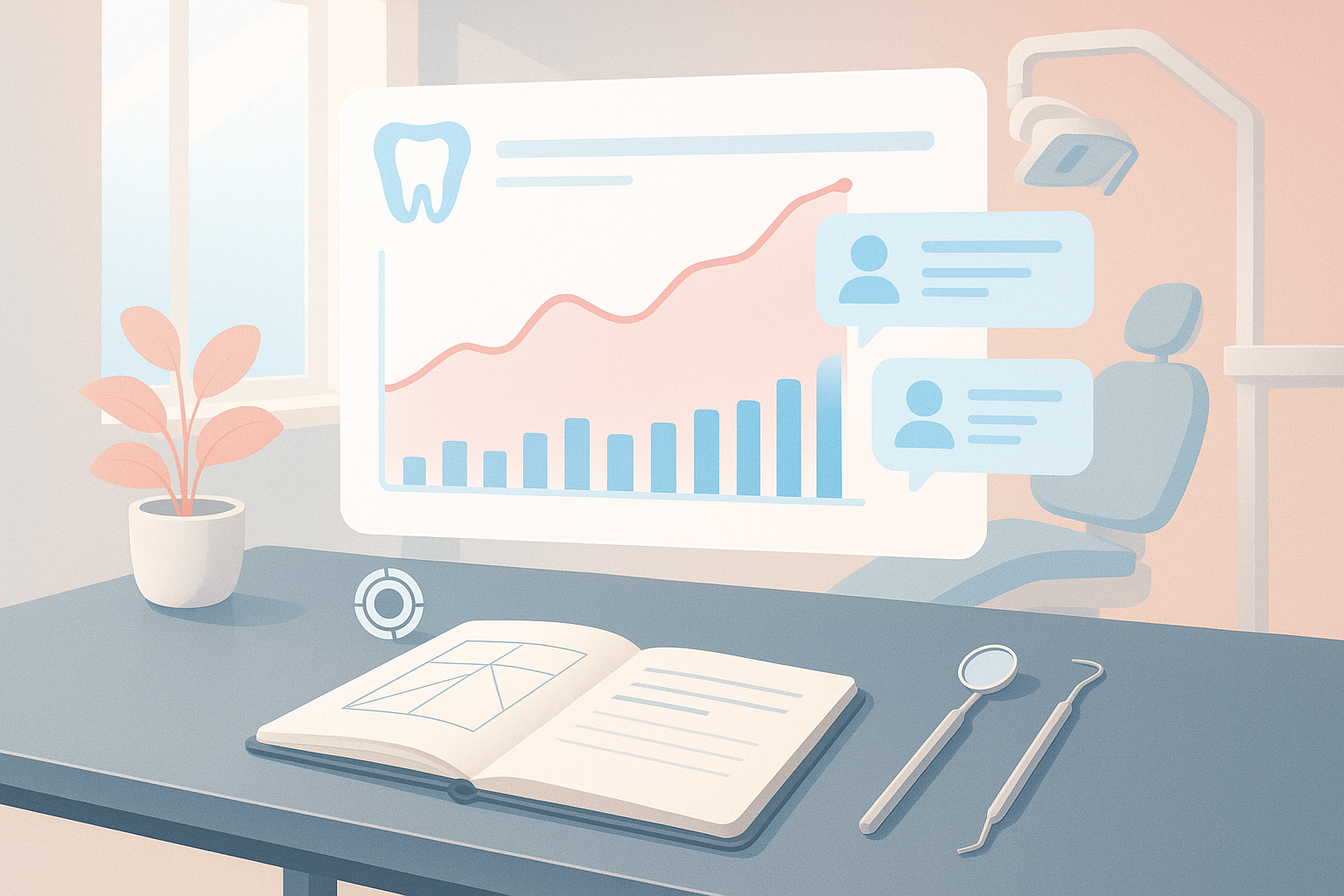 Modern dental workspace with digital dashboard, tools, and geometric notebook in warm tones.