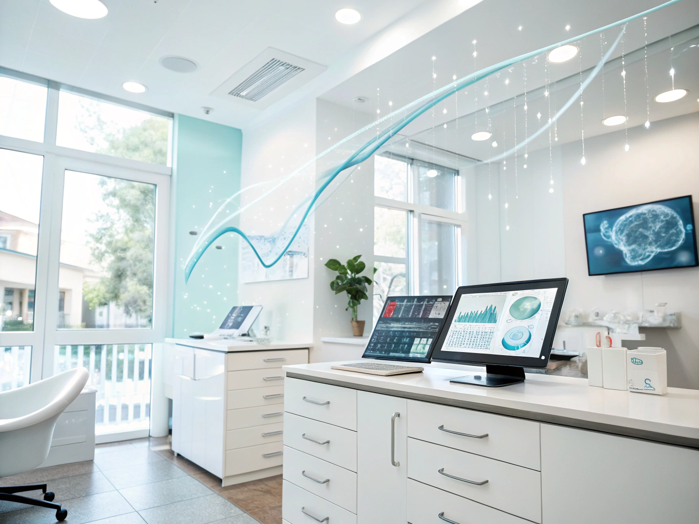 Modern dental workspace with digital devices, floating testimonial bubbles, and flowing data streams.