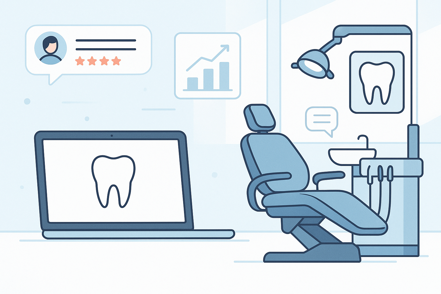 Modern dental workspace with digital tools, treatment room, and abstract growth and testimonial elements.