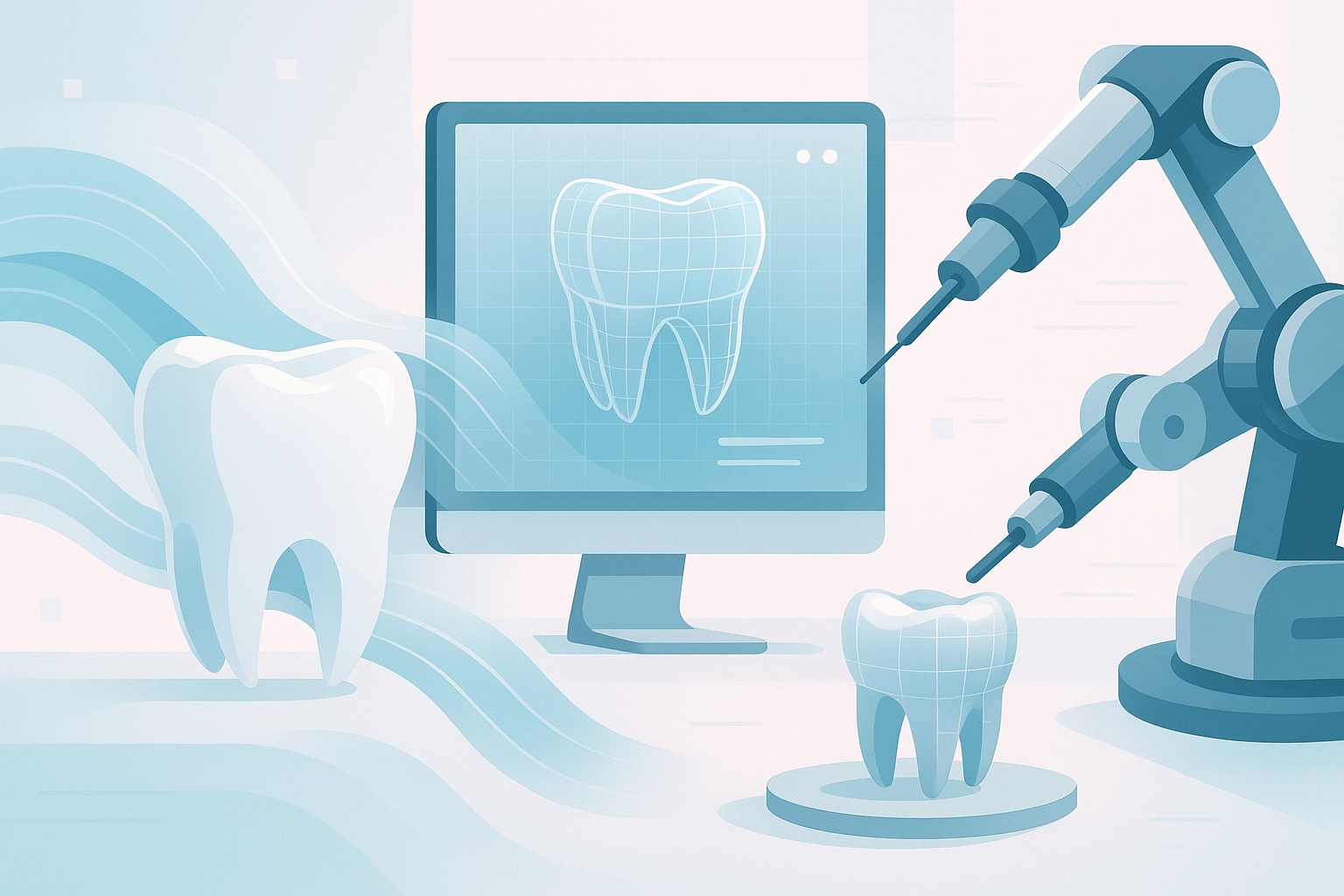 Modern dental workspace with digital waves, blueprints, robotic arms, and sleek, bright design.