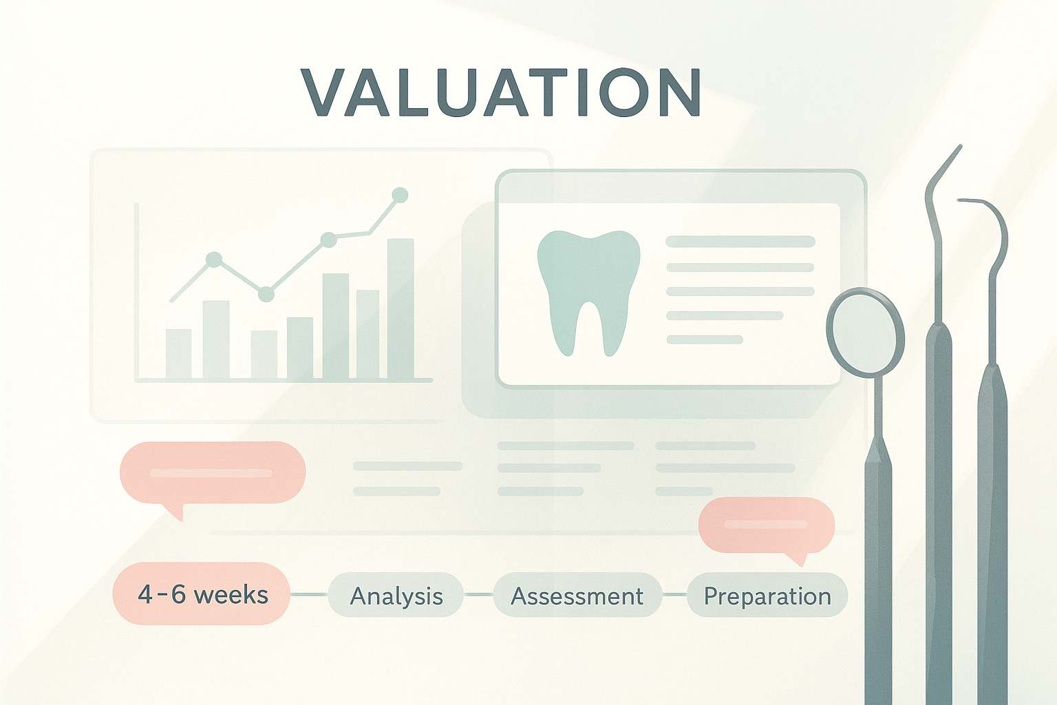 Modern dental workspace with financial charts, tools, and timeline in teal, pink, and gray tones.