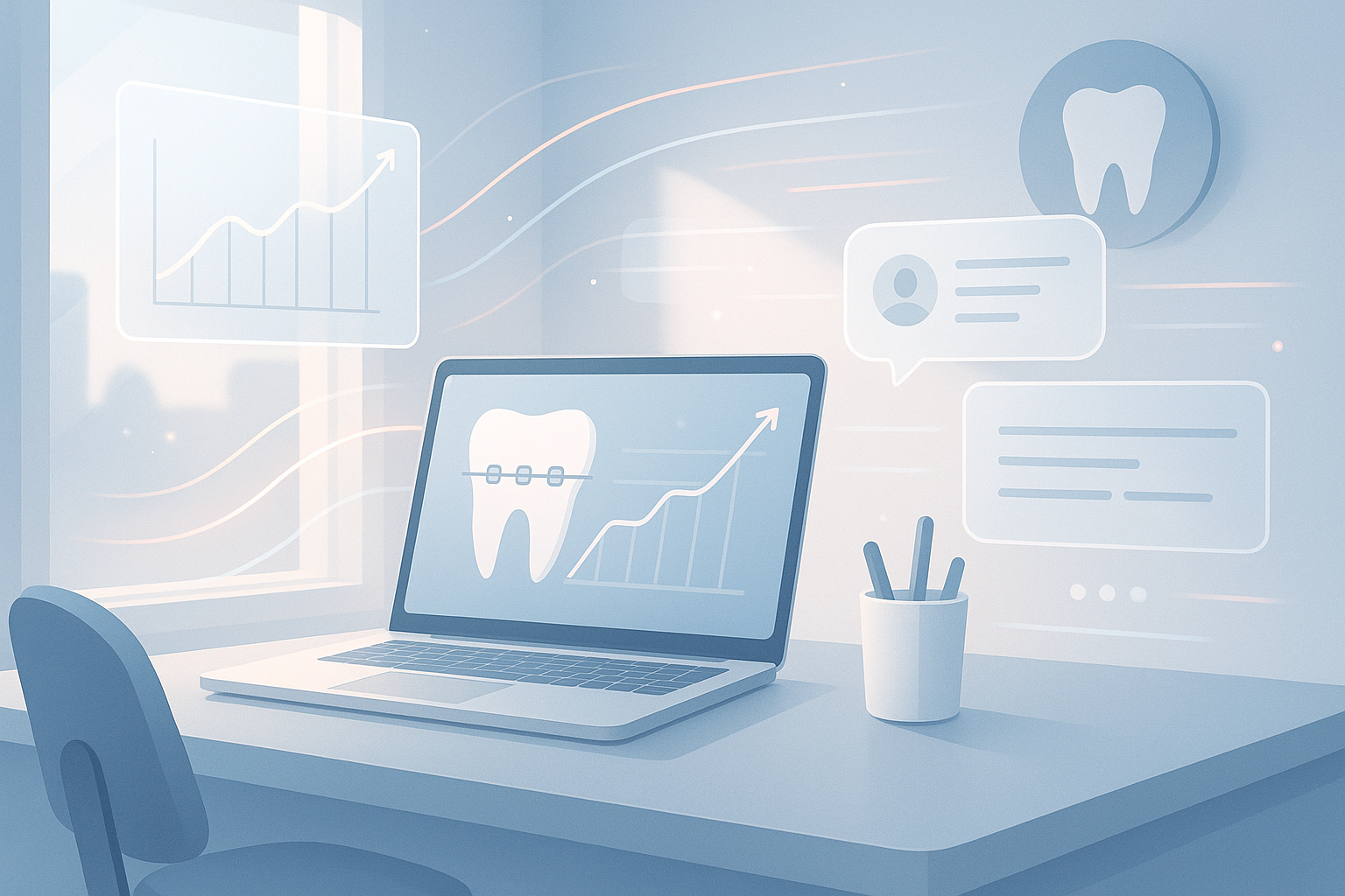 Modern dental workspace with floating charts, data streams, and calming blue and pink tones.