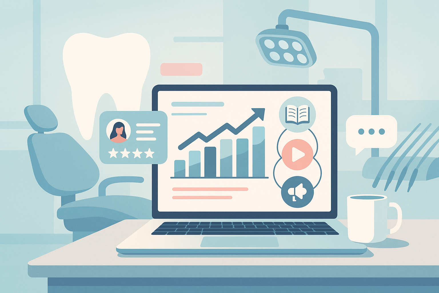 Modern dental workspace with floating testimonials, growth charts, and interconnected icons in calming blue and teal tones.