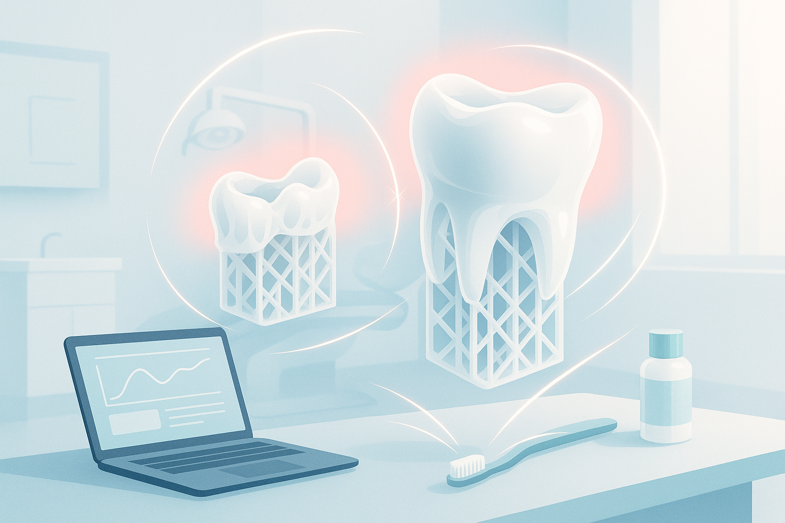 Modern dental workspace with floating translucent 3D-printed implant structures and glowing precision lines.