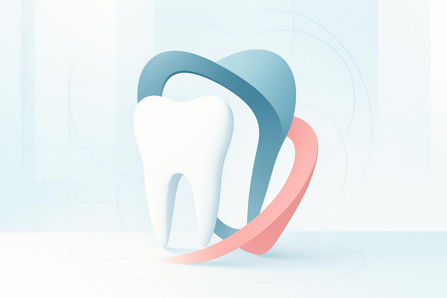 Modern dental workspace with geometric forms, digital lines, and soothing blue, teal, gray, and pink tones.