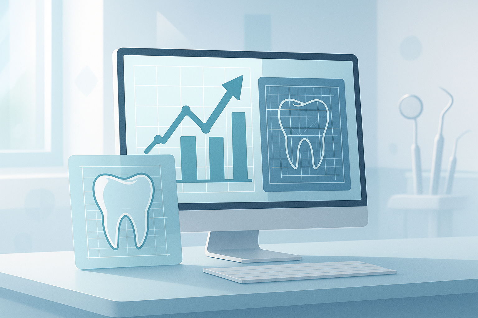 Modern dental workspace with growth charts, blueprints, dental tools, and clinical tones.