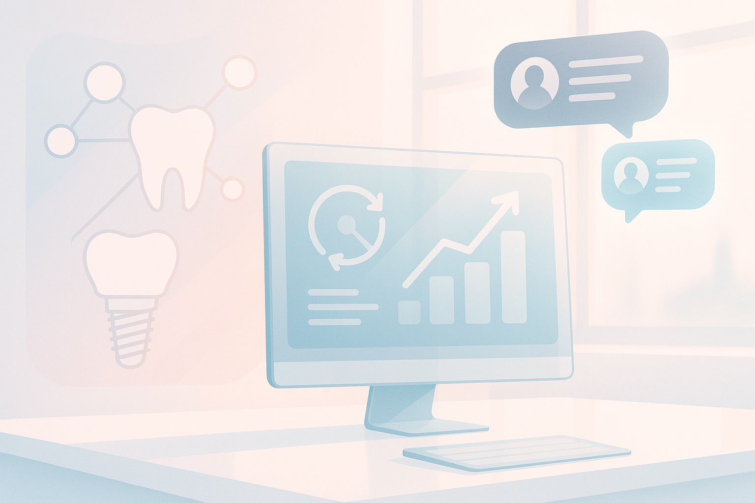 Modern dental workspace with growth charts, implant network, testimonial bubbles, in a clean clinical setting.