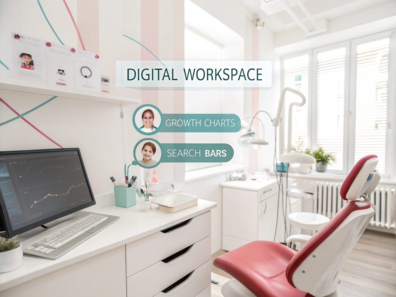 Modern dental workspace with growth charts, patient silhouettes, and testimonial bubbles in clinical setting.