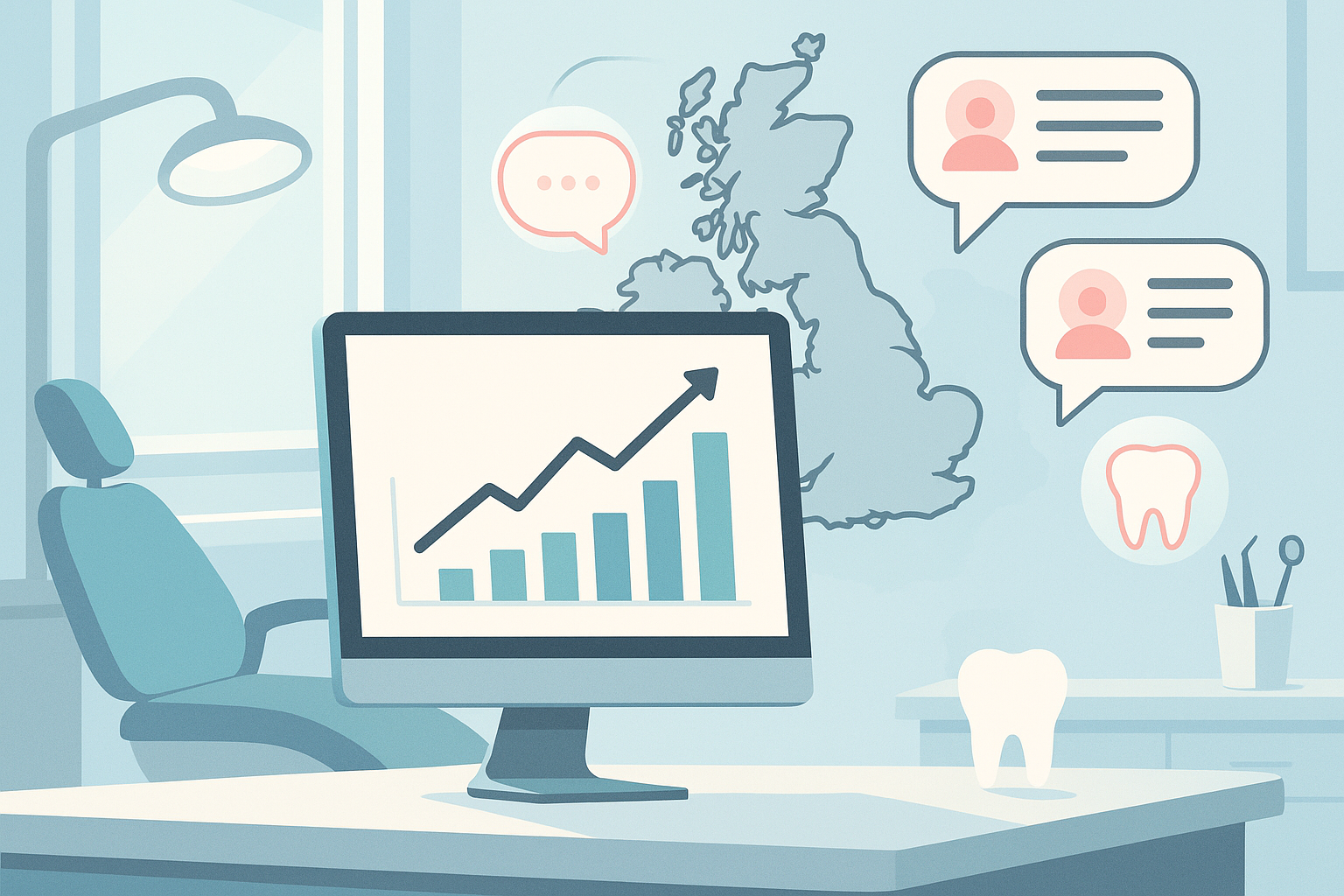 Modern dental workspace with growth charts, testimonial bubbles, and UK map outline in clinical tones.