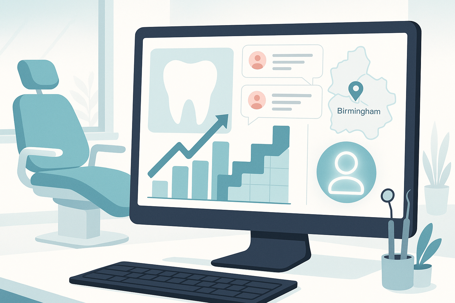 Modern dental workspace with growth charts, testimonial bubbles, and SEO strategy icons.