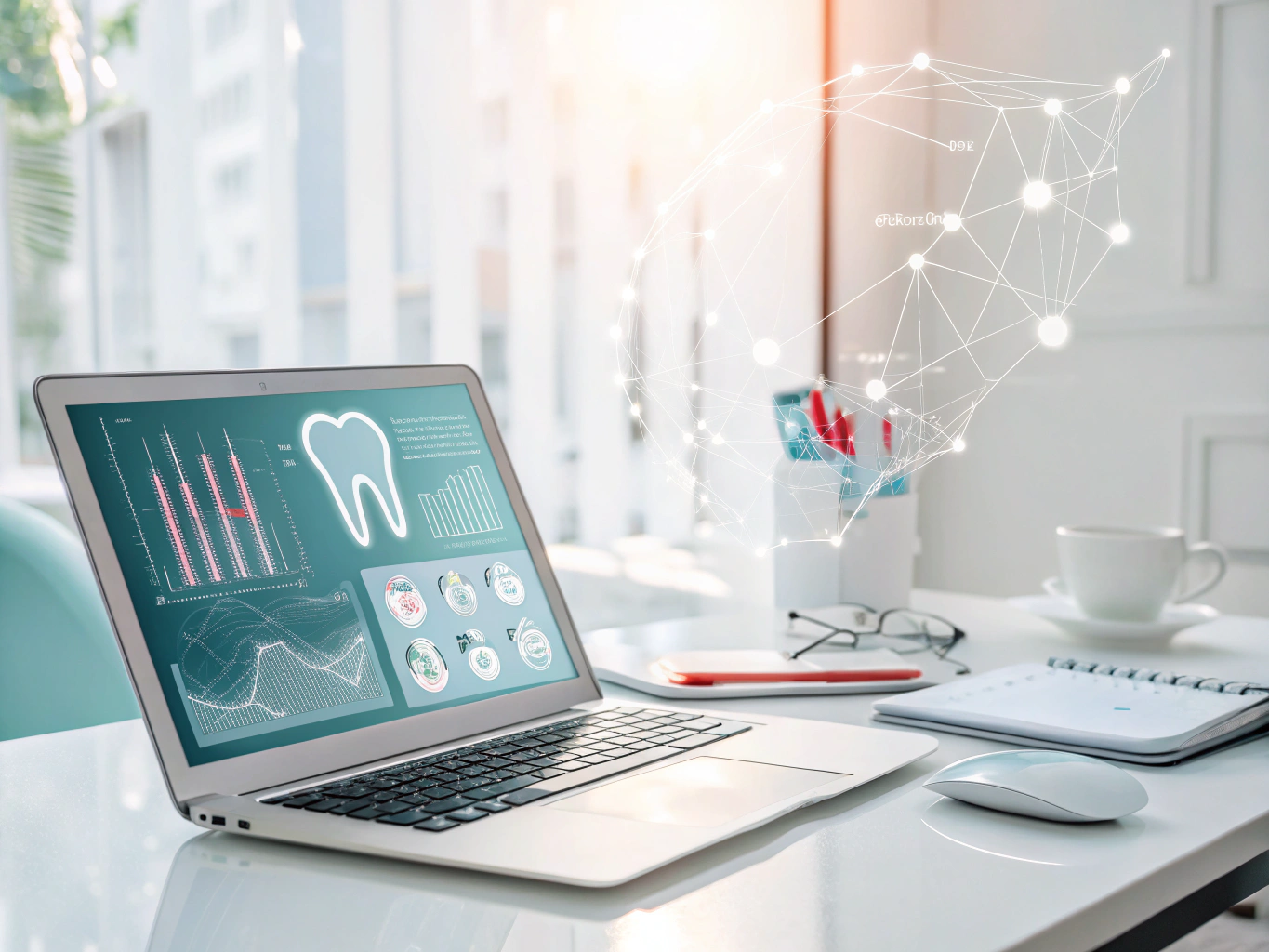 Modern dental workspace with growth charts, testimonial bubbles, network lines, and dental icons.
