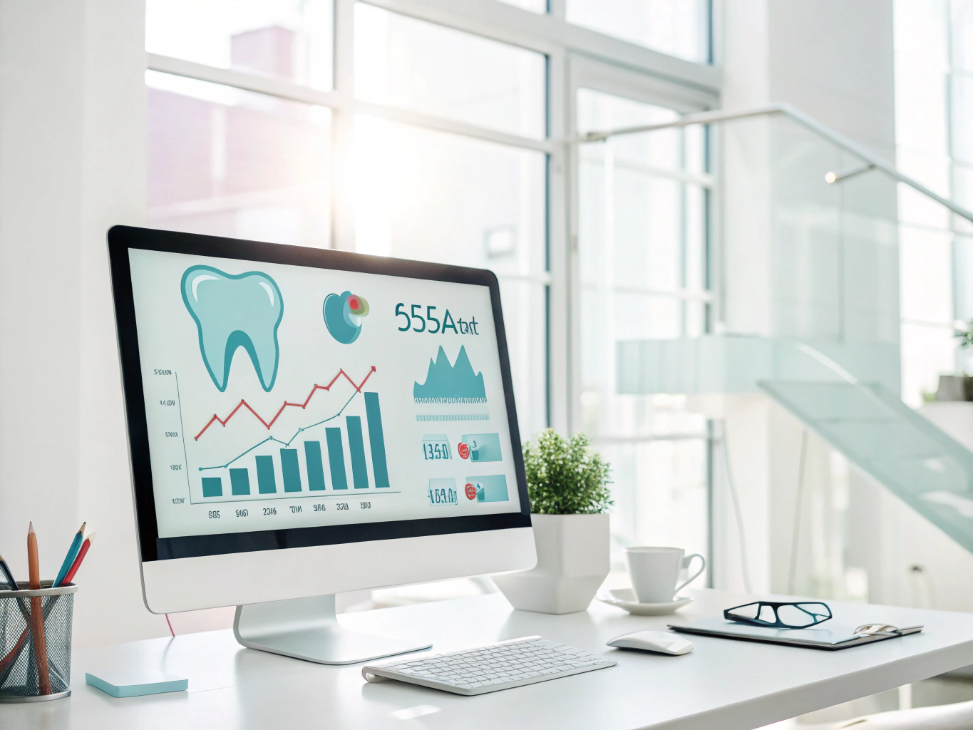 Modern dental workspace with growth charts, testimonial bubbles, and trust symbols in bright, clean setting.