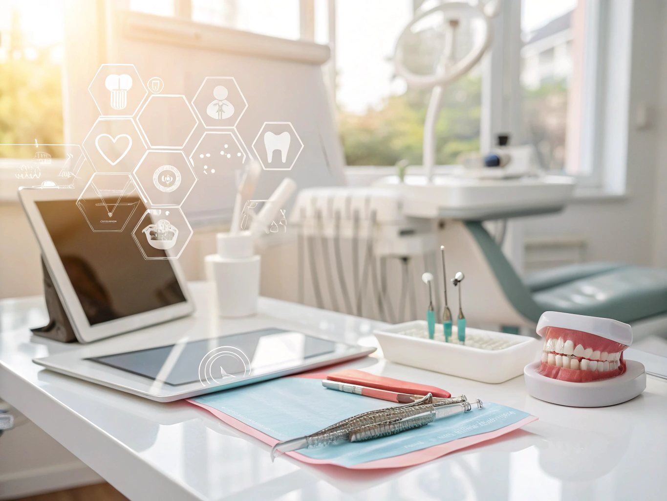 Modern dental workspace with growth charts, testimonials, and <a href=