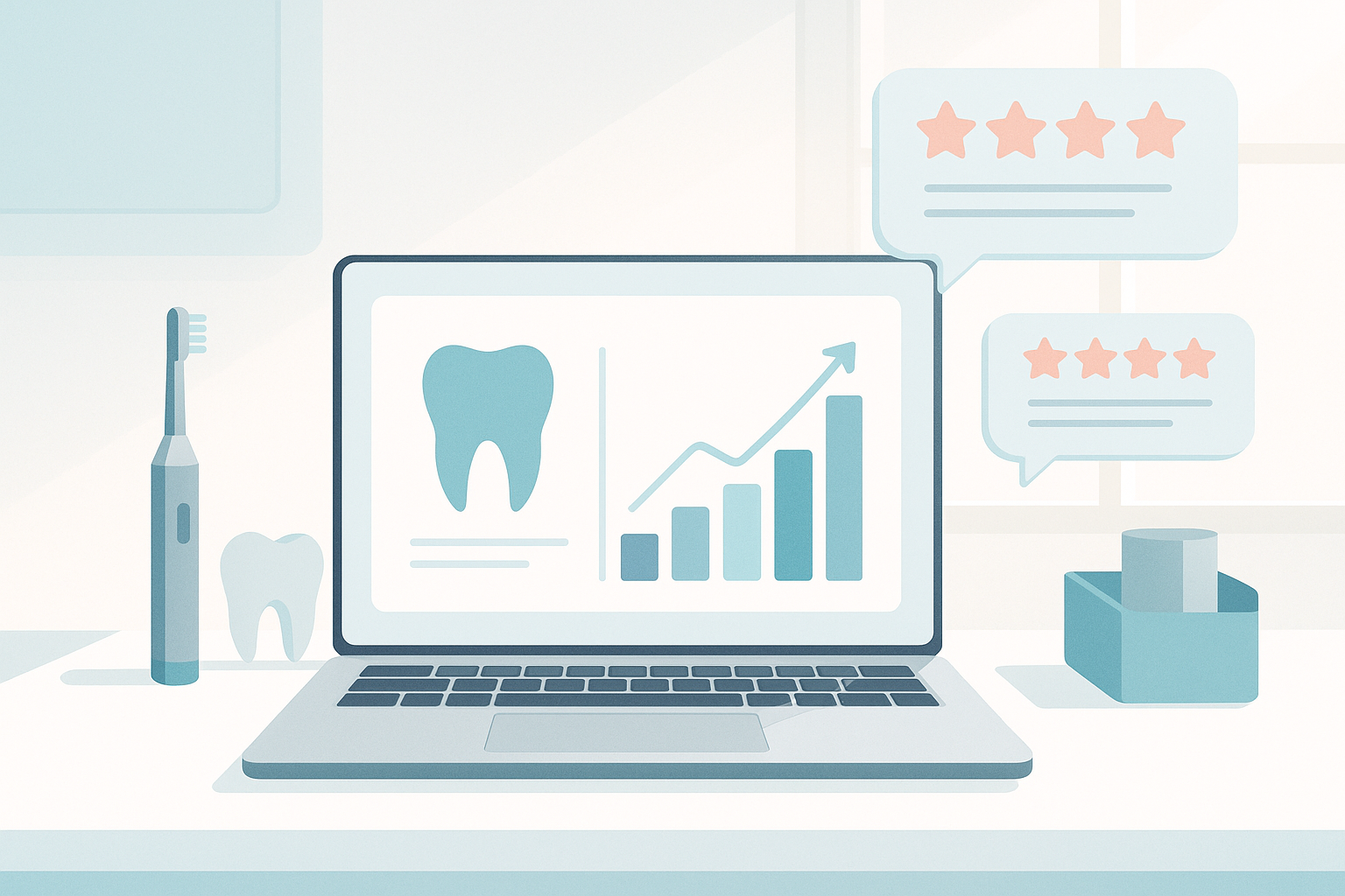 Modern dental workspace with growth charts, testimonial bubbles, and technological accents in bright, clean setting.