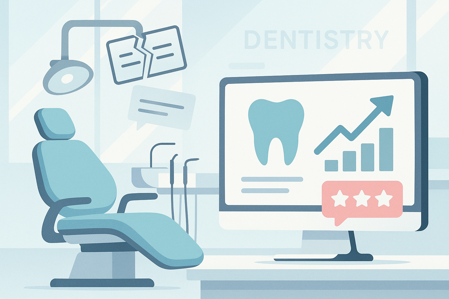 Modern dental workspace with growth charts, testimonial bubbles, and abstract signage metaphors.