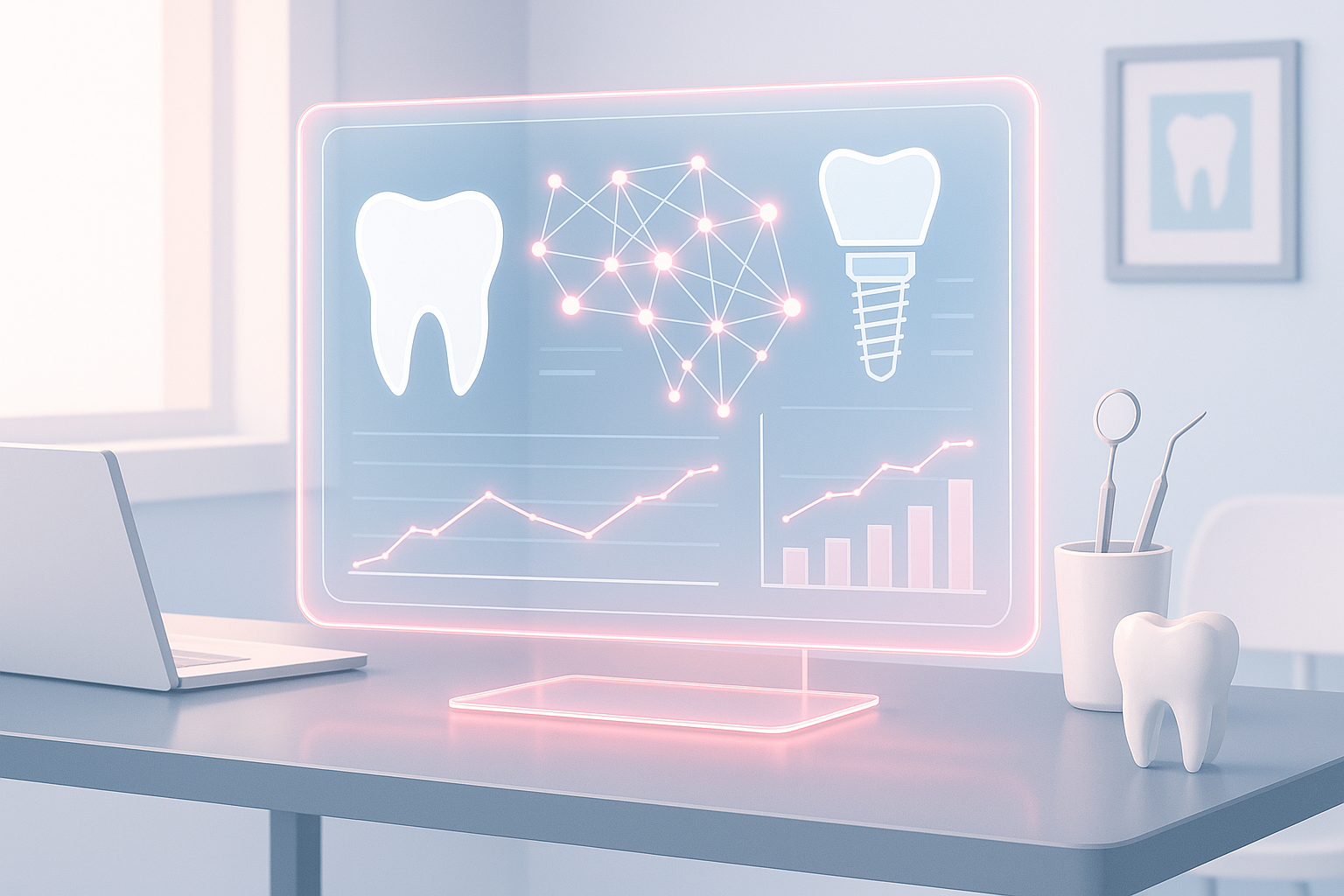 Modern dental workspace with holographic neural networks, implant schematics, and growth charts.
