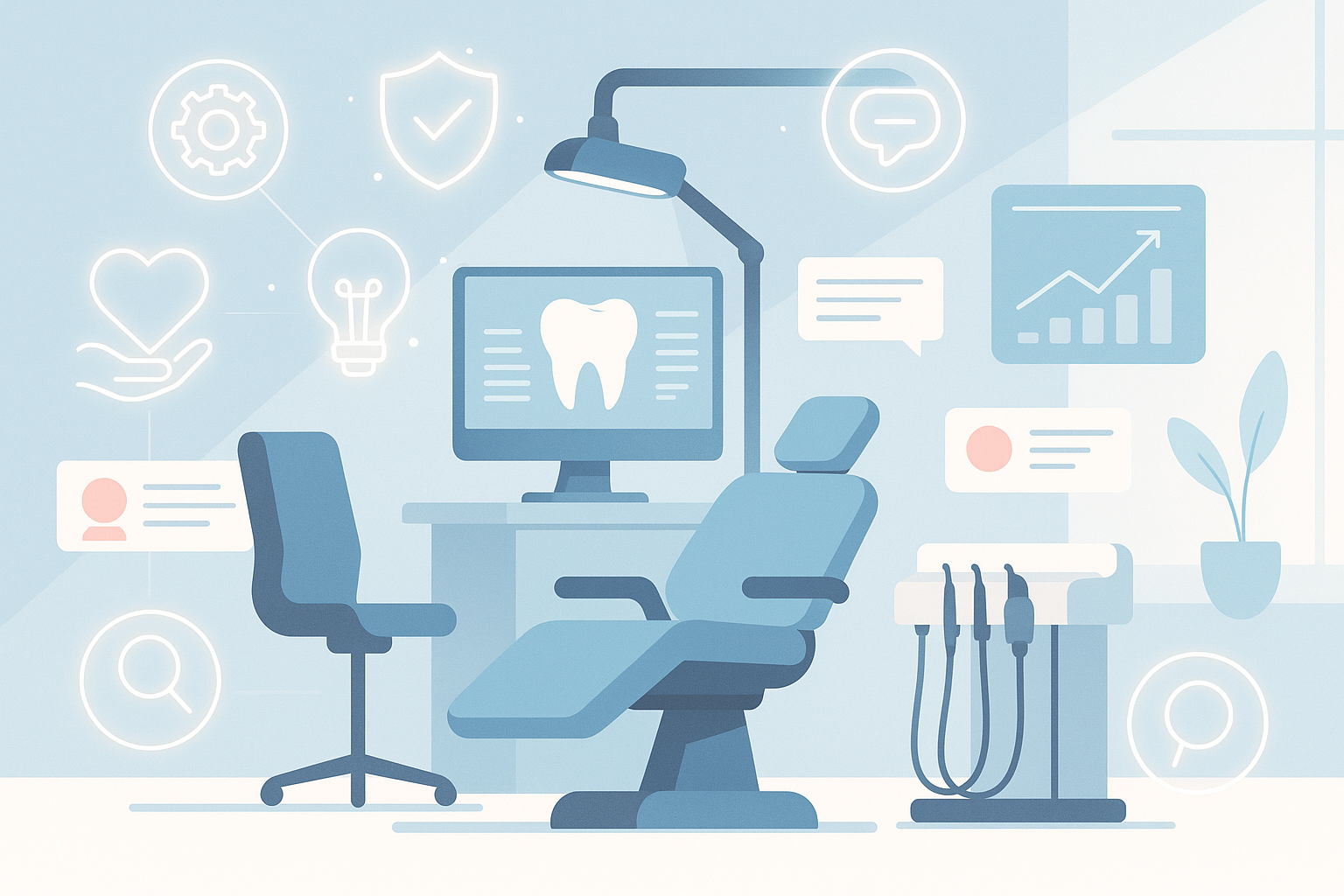 Modern dental workspace with icons, digital dashboards, testimonials, and growth charts in soothing colors.