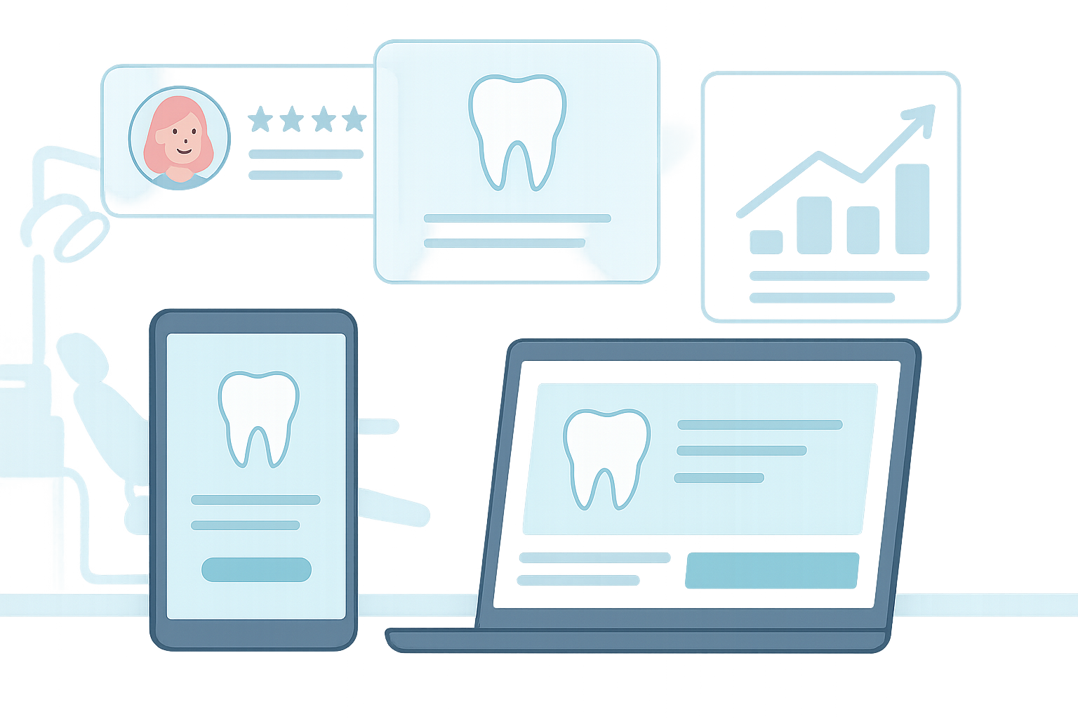 Modern dental workspace with interface elements, growth charts, and device mockups in soothing colors.