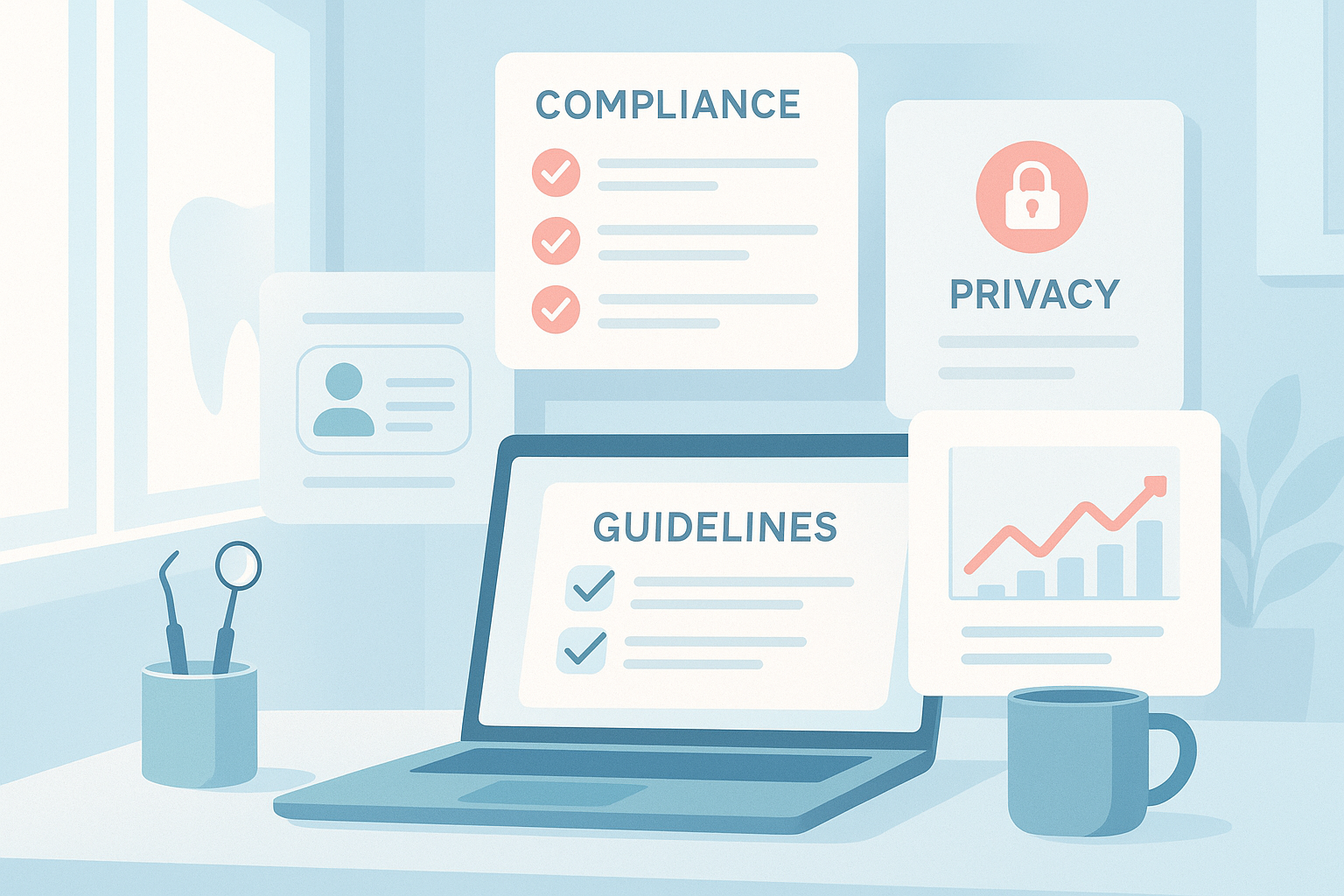 Modern dental workspace with layered screens showing compliance, privacy, and ethical data.