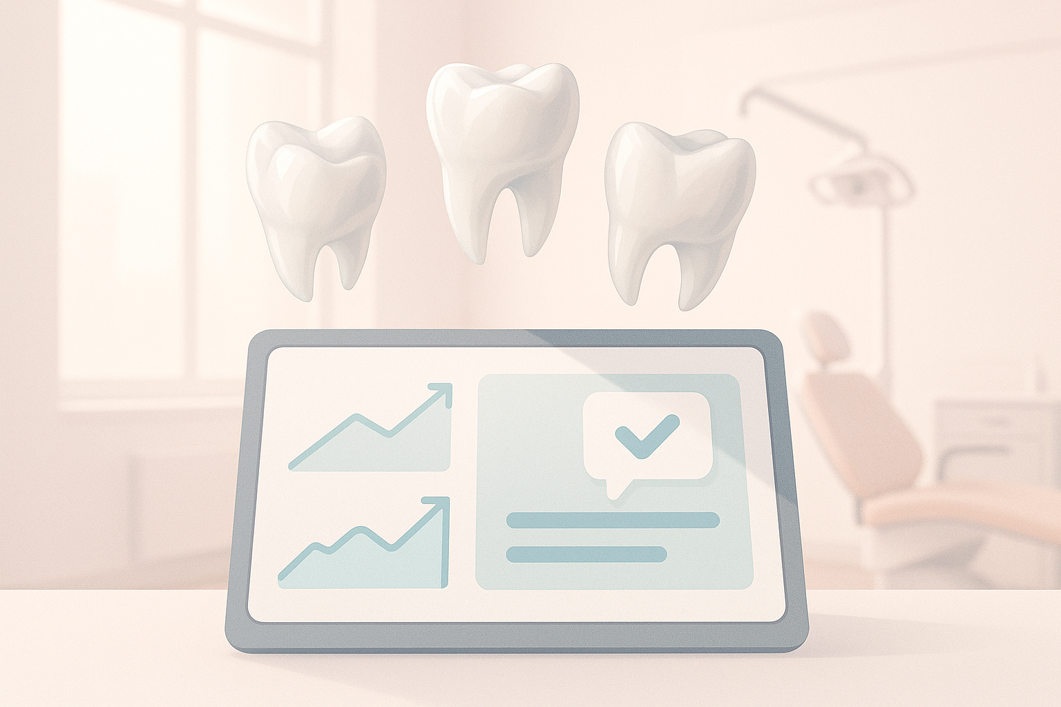 Modern dental workspace with porcelain crown fragments, digital dashboard, and soft pink accents.