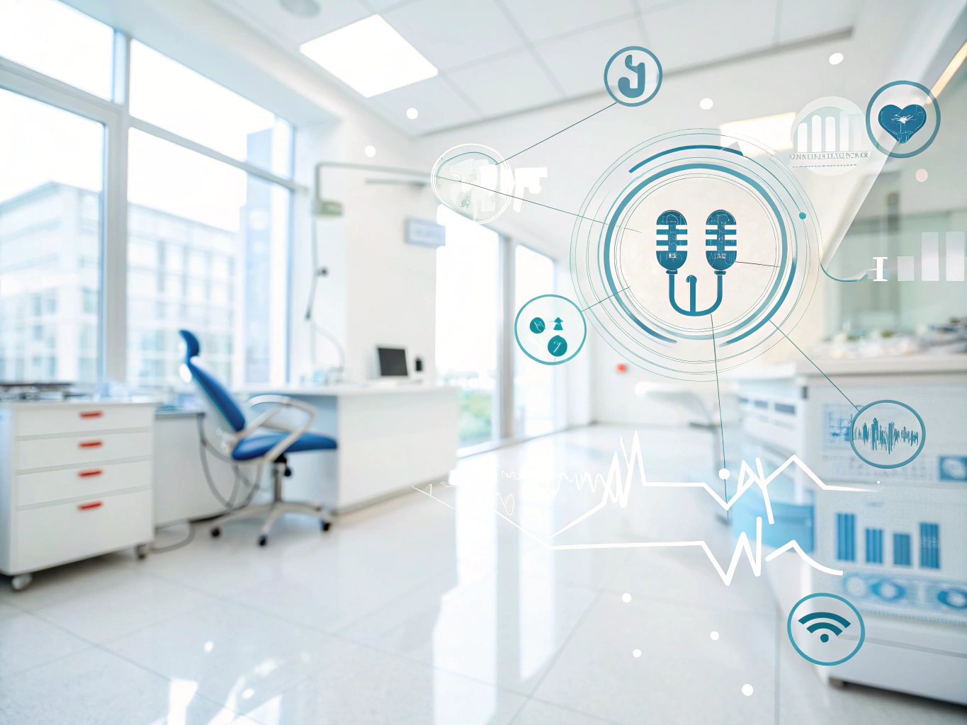 Modern dental workspace with soundwave icons, dental symbols, testimonials, and growth charts in bright light.
