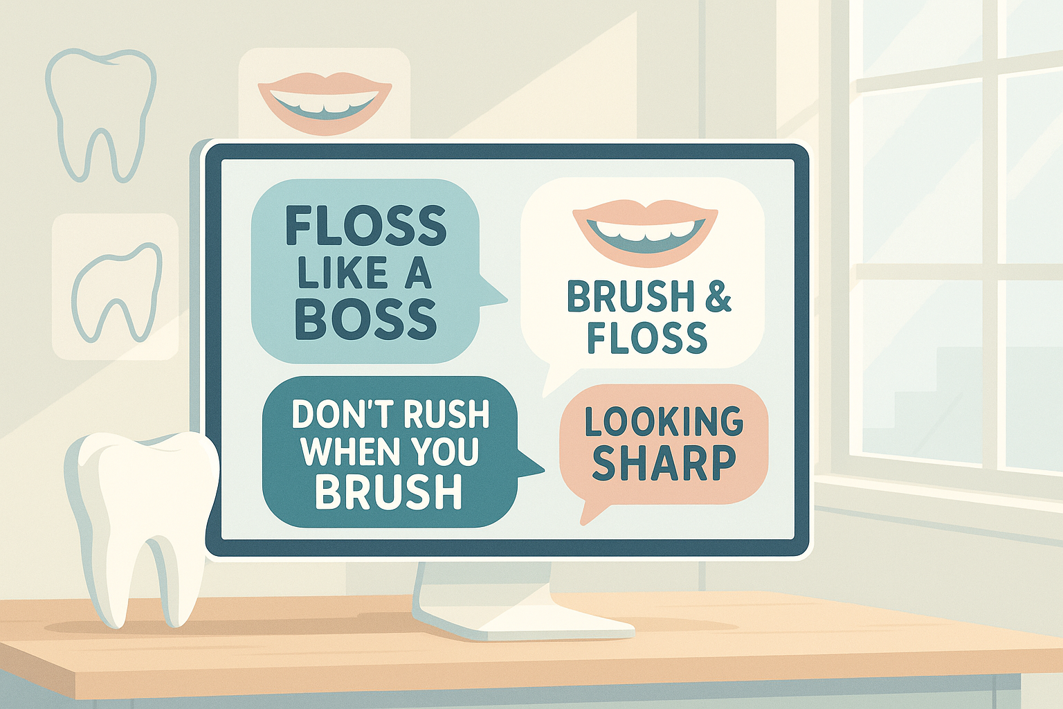 Modern dental workspace with speech bubbles of playful puns, surrounded by icons in clinical setting.
