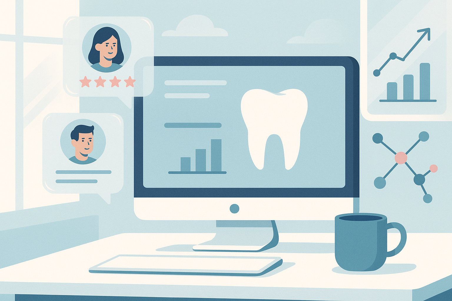 Modern dental workspace with testimonial bubbles, growth charts, and interconnected content nodes.
