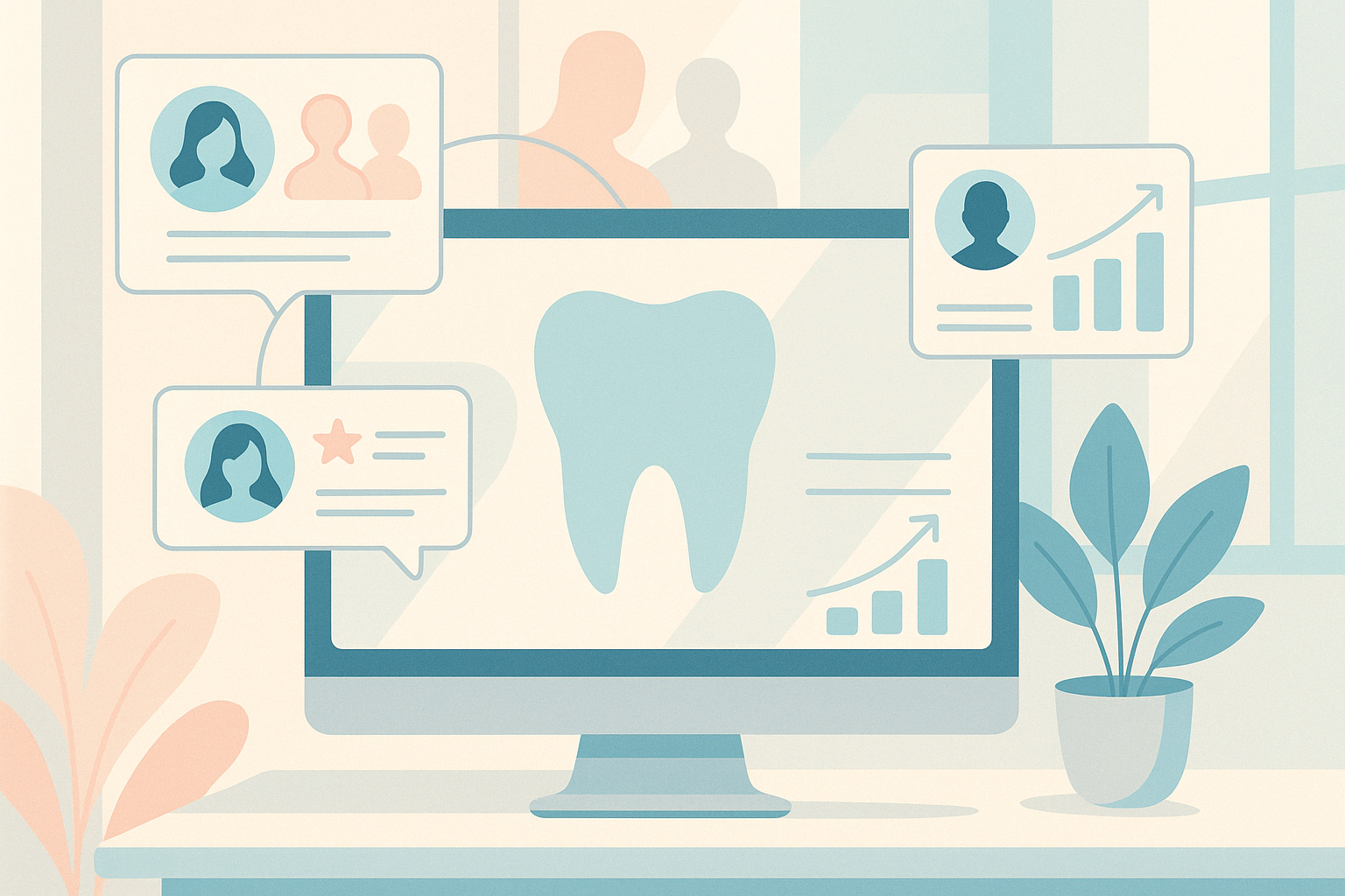 Modern dental workspace with testimonials, growth charts, connected silhouettes, and digital windows.