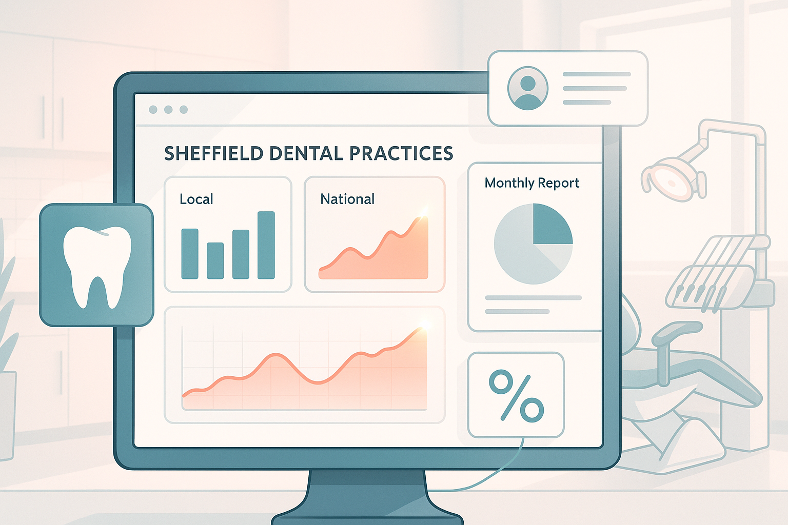 Modern dental clinic and dashboard with charts, reports, and marketing icons in bright workspace.