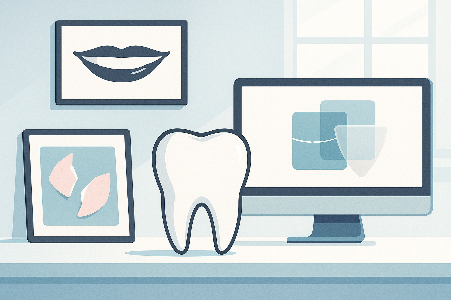 Modern dental clinic illustration with abstract elements symbolizing smile improvement options.