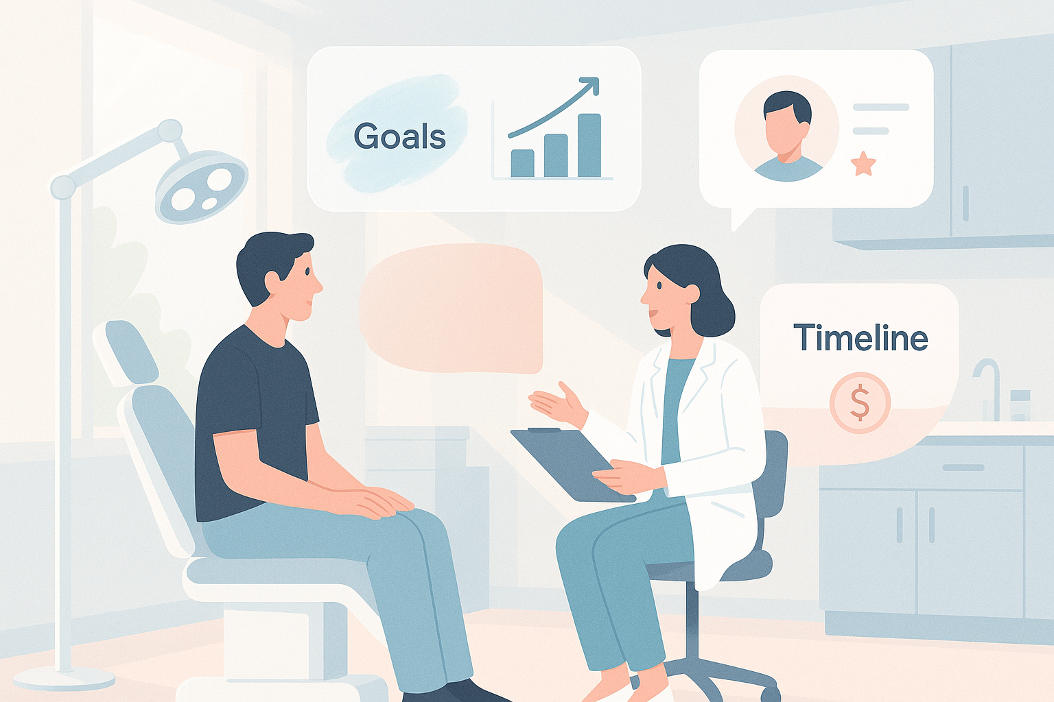 Modern dental clinic illustration with abstract layers, digital elements, and calming color palette.